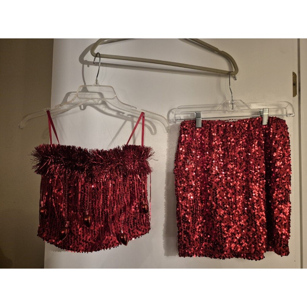 Love On A Hanger Christmas Outfit Red Sequin Tinsel Crop Top And Skirt Small